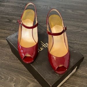 Cole Haan patent red peep toe sling back heels